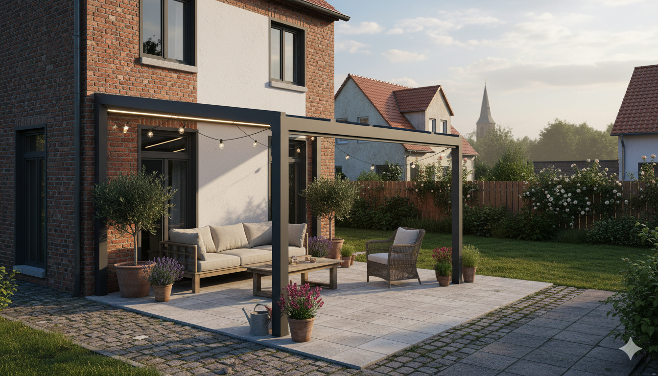 Terrassenüberdachung an Klinkerhaus mit Lounge-Möbeln