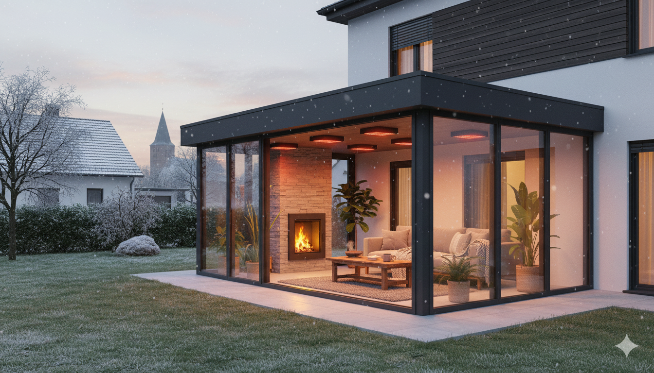 Wintergarten mit Kamin und gemütlicher Abendstimmung